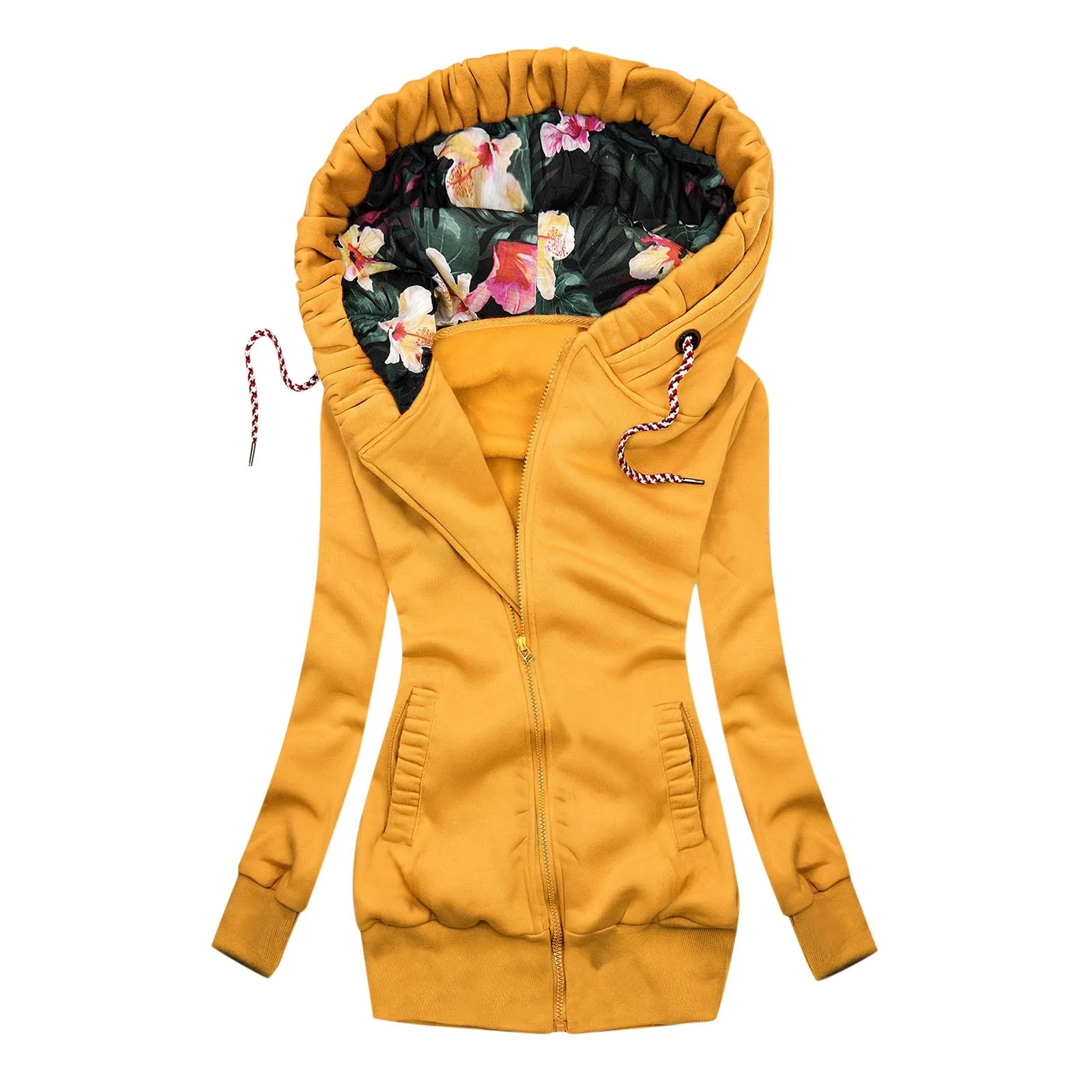Elegantan praktično donje zimski kaput ženska jakna Monotono linija sa cvjetnim printevima Džepa s kapuljačom Jakne kaputi munje Vintage Slika  1