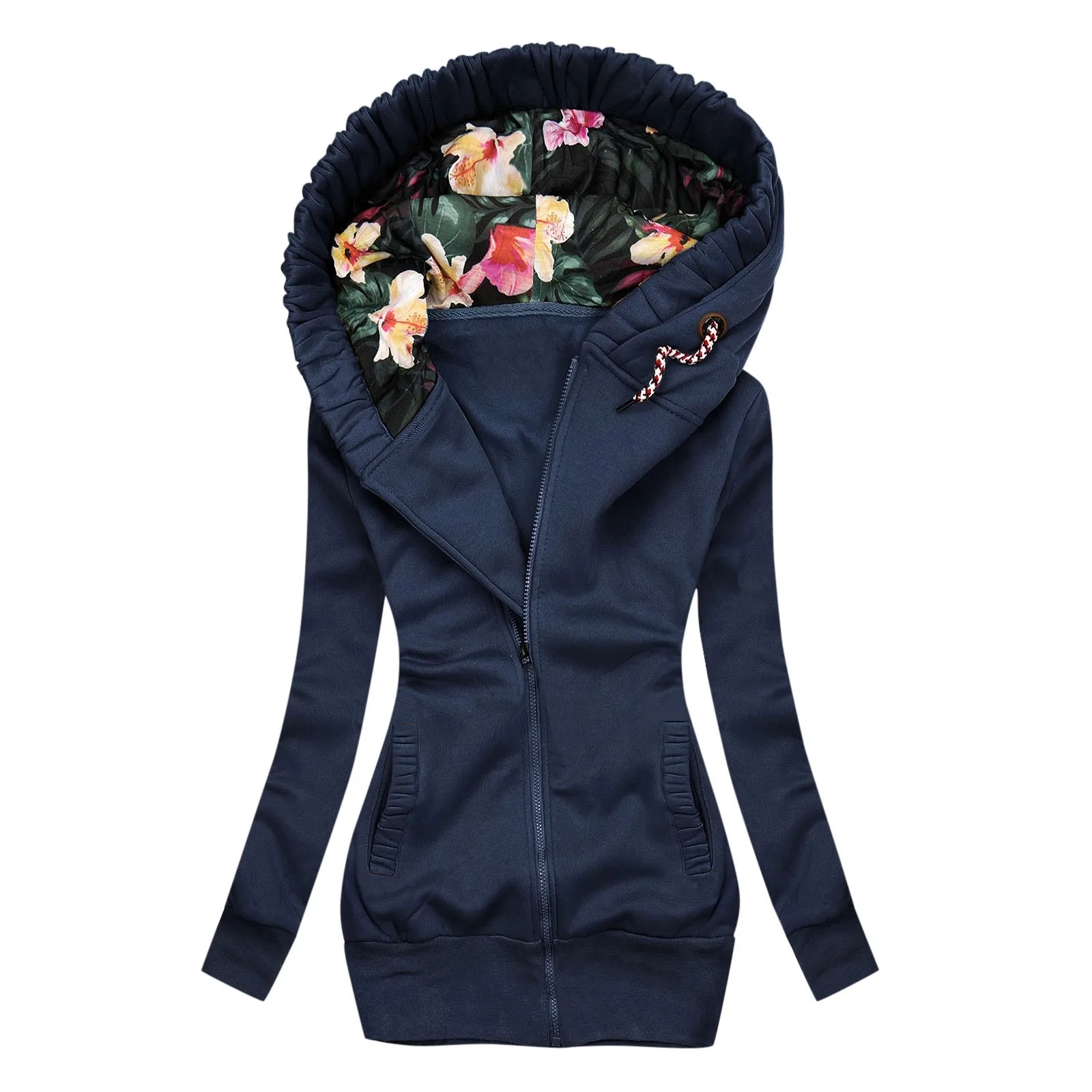 Elegantan praktično donje zimski kaput ženska jakna Monotono linija sa cvjetnim printevima Džepa s kapuljačom Jakne kaputi munje Vintage Slika  2