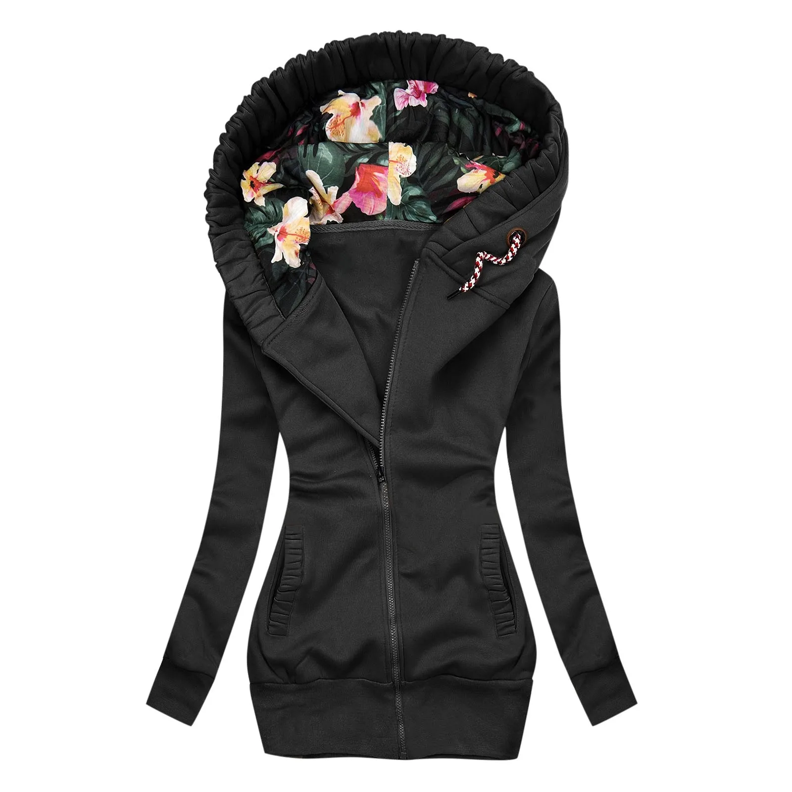 Elegantan praktično donje zimski kaput ženska jakna Monotono linija sa cvjetnim printevima Džepa s kapuljačom Jakne kaputi munje Vintage Slika  5