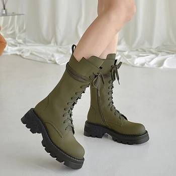 Таоффен Čizme od prave kože do sredine kavijara Cipele s debelim petama Sa uvezivanje Zimski Cool Stil Ins Moda zima ženske cipele Veličine 34-40