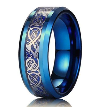 Moda 8 mm Za muškarce Plavo prsten od nehrđajućeg čelika Vintage Keltski Zmaj Inlay Plavi Prsten od ugljičnih vlakana, Za muškarce Vjenčani prsten, Nakit Size6-13