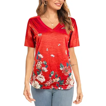 2022 Nove proljeće-ljeto ženske majice korejski kratkih rukava V-neck, Besplatne majice s cvjetnim ispis Svakodnevne ženske majice, puloveri