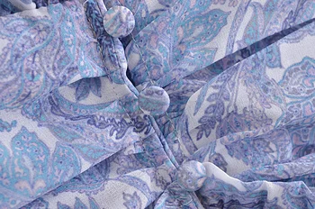 2022 Plavo шифоновое mini haljinu s cvjetnim ispis za žene, drvene uši, volanima, V-izrez u obliku otvorene gumbe, tanak struk s рюшами, dugi rukav, svečanu haljinu
