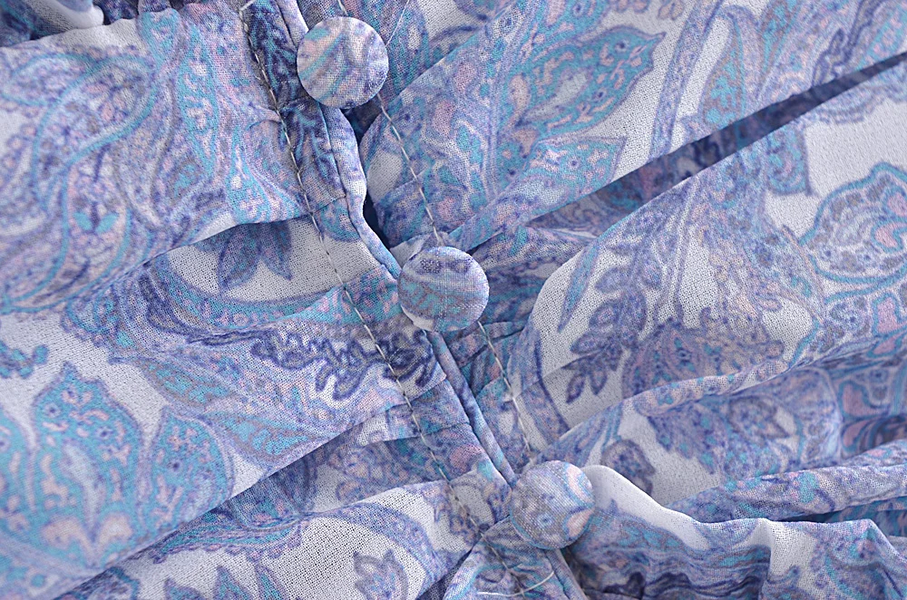 2022 Plavo шифоновое mini haljinu s cvjetnim ispis za žene, drvene uši, volanima, V-izrez u obliku otvorene gumbe, tanak struk s рюшами, dugi rukav, svečanu haljinu Slika  0