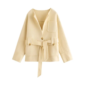 INMAN Donje зимне-осеннее kaput s pojasom u struku s velikim džep, dizajnerske gumbe, donje svijetlo žut bilateralna vune kaput