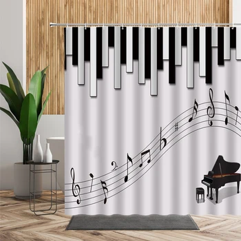 Glazbena Kreativno Zavjese Za tuširanje Tipka za klavir Set Home Dekor za kupaonicu 3D Crno-bijela Art Tkanina Za kupaonicu, Vodootporan Zavjese s kukom