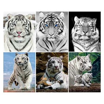 LZAIQIZG Pun Trg/Okrugli Diamond Slikarstvo Prekrasan Bijeli Tigar Diamond Vez Slike Životinja Dekoracija Zidova Hobi Obrt