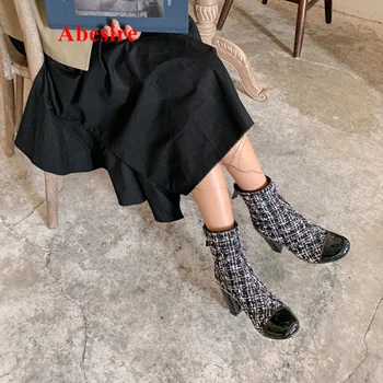 Čizme od vunena tkanina s okruglim vrhom od lakirane kože Kratke čizme na блочном petu s patent-zatvarač Novi dolazak Moderna ženska obuća Zimska specijalna