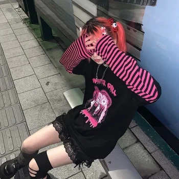 QWEEK Japanski stil Харадзюку Anime Grafički Print Majice Y2k Punk dugi rukav Kolaž ženske majice Mall Goth Jesen moda 2021