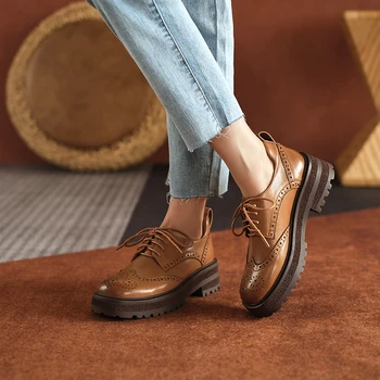 Donna-u 2021 Jesen berba ženske cipele na platformu ručni rad s naglaskom na krilo Oxfords visoke kvalitete u Retro stilu od prave kože Ženske cipele
