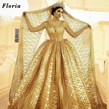Vjenčanica iz haute Couture Visoke Dubai Individualne Zlatne Šljokice Zrna Vjenčanje Vjenčanica Vestido De Noiva 2021 Arabic Djeveruša Haljina