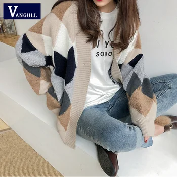Vangull Kockice pletene ženski džemper 2021 Zimska moda V-izrez u obliku Однобортные ženske cardigans dugi rukav Free ženski veste