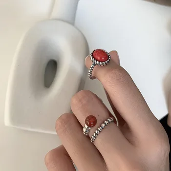 Evimi Prsten od 925 sterling srebra za žene Nova Moda Vintage Crveni Kamen Lanac Pleter Geometrijski Ukras za stranke Pokloni