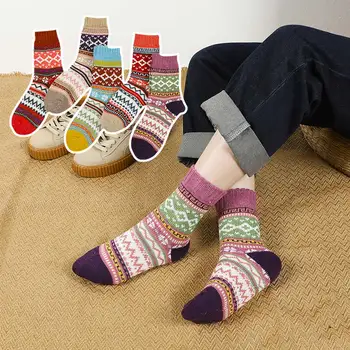 Ženske termo čarape Zimske Egzotične Berba debele čarape Pletene jesenje kućne papuče, Krznene čarape na pruge Umjetnički dizajn