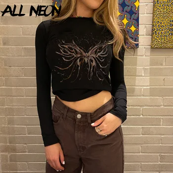 ALLNeon Estetika гранжа s po cijeloj površini leptir Crne majice E-girl Berba osnovne majice s okruglog izreza i dugim rukavima Jesen gotičke odjeće