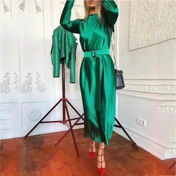 Foridol O-izrez dugi rukav Атласное zelena večernja haljina Elegantna uredski donje zelenu dugu haljinu Maxi Jesensko-zimska haljina Haljina Femme