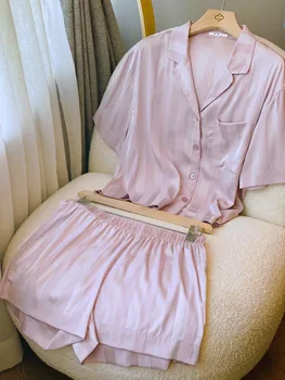 Jednostavan Temperament Prugasta satin пижама Godišnje Svilene tkanine Kratke hlače kratkih rukava Kit kućne haljine Ženska пижама Pink Seksi komplet pidžama