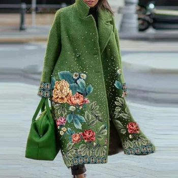Ženska moda sa zelenim ispis Casual odjeća dugih rukava Džep kardigan Kaput Jesen zima Nove besplatne mješavina Vune duga jakna je Vrh