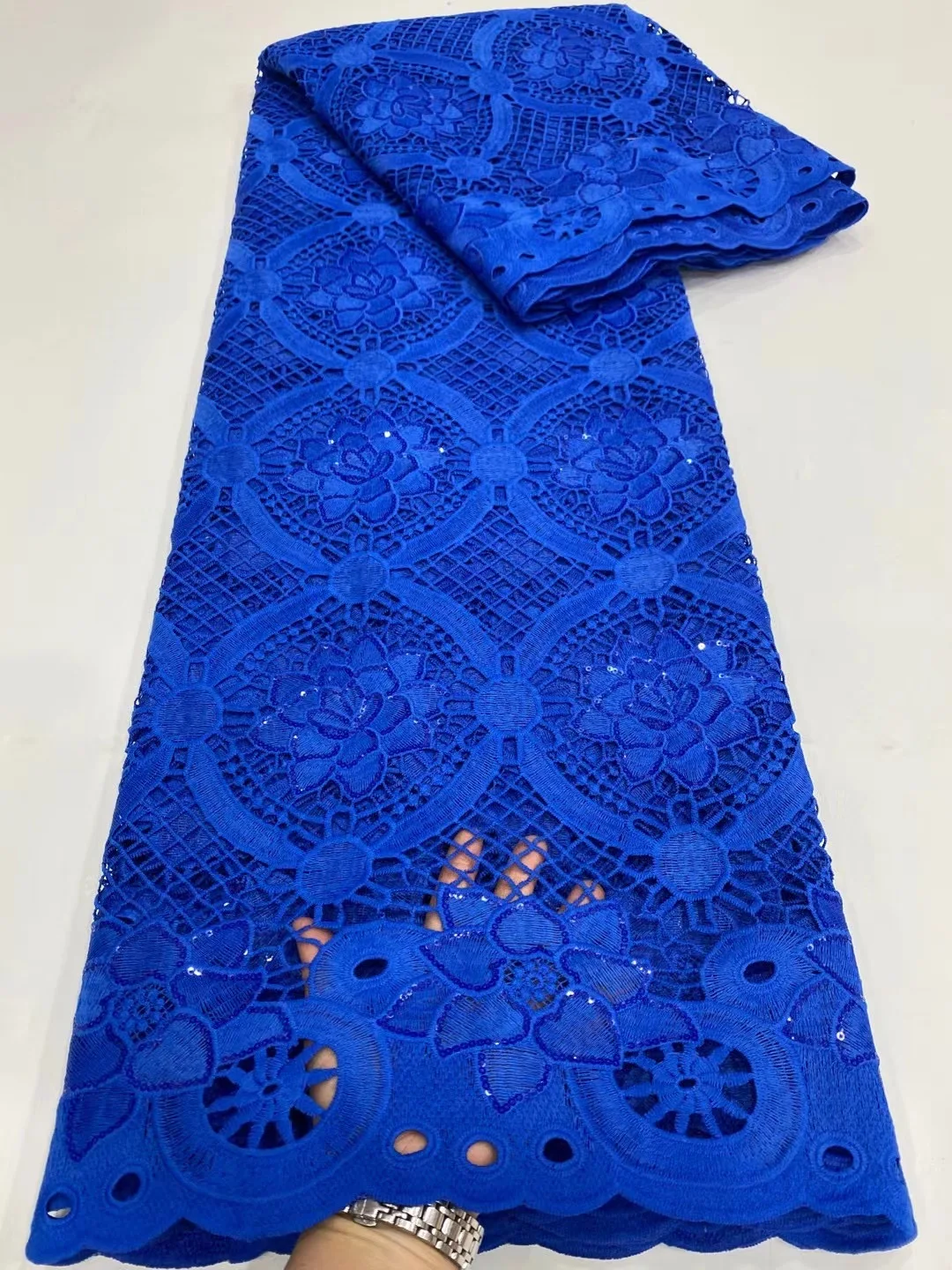 (5 metara/kom) Standardna tamno plava afrička cvjetne čipke tkanina sa šljokicama 2021 najnoviji нигерийская cvjetne čipke tkanina za večernje haljine WZZ031 Slika  4
