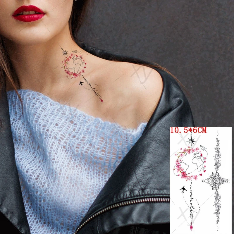 Vodootporne Privremena Tetovaža Naljepnica Cvijeće Pink Vijenac Flash Tetovaže Avion Engleski Alfabet Body Art Ruka Lažne Tetovaže Za Žene Slika  1