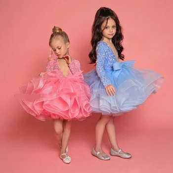 JONANY Dječji natjecateljske haljine Tutu Haljini sa šljokicama za djevojčice-цветочниц s dugim rukavima, pjenušava volanima sa šljokicama, čipke i haljine za djevojčice na rođendan