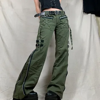 Ženske hlače-teretni sa niskim strukom Gothic Punk Široke Klasicni Кавайные hlače Grunge Zelene traperice munje Ženske korejski sportske hlače