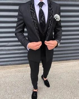 Odijelo Homme Mariage Silm Crnci Tuxedos za mladoženju Čipke, istakao Odijela za mladoženje za Vjenčanje (Jakna+Prsluk+Hlače+Kravata)