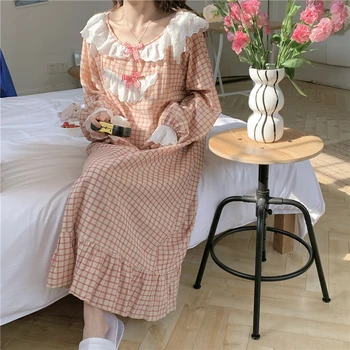 Kvalitetan čipkan checkered duga haljina osnovna ženska noćna košulja dugih rukava slobodna pamučna spavaćica ženska пижама proljeće i jesen L568