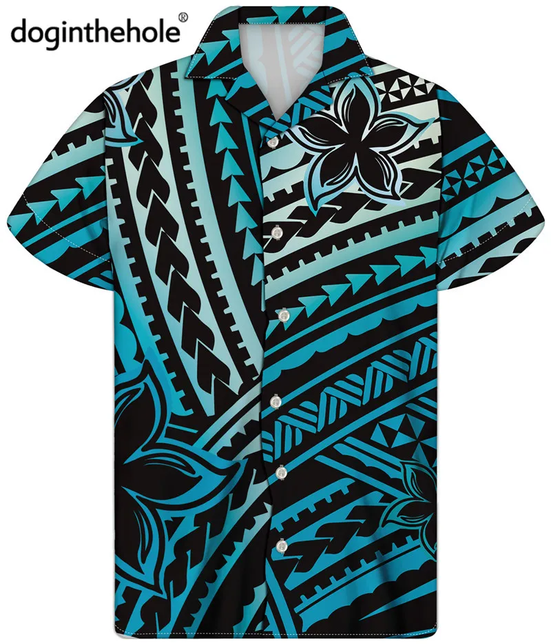 Doginthehole Svakodnevne slobodne Havajske košulje za muškarce kratkih rukava Plava Polinezijski plemenski uzorak Ljeto plaža košulja Zgodan Slika  1