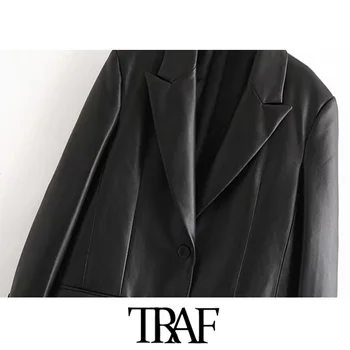 TRAF Ženska moda od umjetne kože Slobodan blazer Vintage Kaput dugi rukav Džepovi s ventilima Ženska gornja odjeća Šik Весте Femme