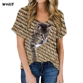 Ženska t-shirt s mačka, lijep grafički t-shirt, mače, 3D print, хлопковая majica s V-izrez, slatka majice za djevojčice, majice za kućne mačke
