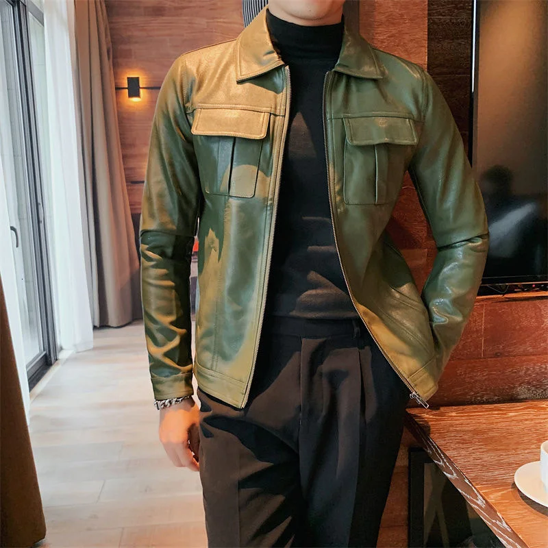 Jakna od umjetne kože Muška Jesenski мотоциклетная kožna jakna Korejski tanka zelena jakna od umjetne kože Britanski trend i Casual jakna za muškarce Slika  0