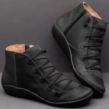 Ženske zimske čizme do velike veličine od meke umjetne kože za žene Svakodnevne lagane čizme na gležnjevima s patent-zatvarač u retro stilu čipka-up Kratke cipele ravnim cipelama