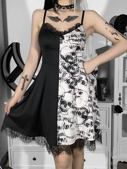 Lubanja je Gotička cvjetne čipke završiti Slagalicu u crno bijelu haljinu za žene Harajuku s po cijeloj površini, bez naslona Seksi haljina sa visokim strukom Večernja odjeća mini-haljina