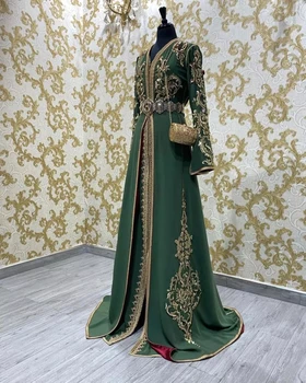 Zelena Marokanski kaftan Kaftan Muslimanski večernje haljine трапециевидный V-izrez u obliku dugih rukava Aplicirano Dubai Arapski Turska Abaja Islamske haljina