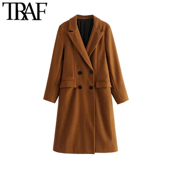 TRAF Ženska moda Двубортное vune kaput Vintage dugi rukav Džepovi s ventilima Ženska gornja odjeća Elegantan kaput