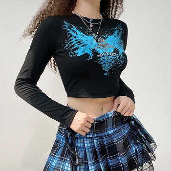 IAMSURE Krila sa po cijeloj površini Gorski kristal t-Shirt Ženska Vintage basic majica okruglog izreza i dugih rukava, majice Jesen-proljeće, vanjska odjeća, ošišan vrhovima 2021