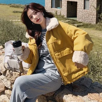 Zimska jakna Ženska debeli plišani imitacija vune janje Kratko pamuka kaputi Korejski slobodno kratko s velikim džep Moderan vanjski odjeća Parkovi