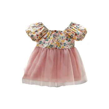 2022 Dječje ljetna odjeća za djevojčice Moderan haljinu s kratkim rukavima i cvjetni uzorak Zanimljivu elastično haljina za djevojčice
