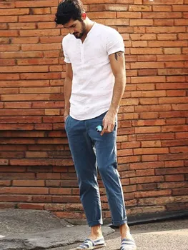 Moda Ljeto Nova muška majica s kratkim rukavima od pamuka i lana s okruglog izreza na zakopčane Led Svakodnevni muška t-shirt Muška prozračna S-3XL