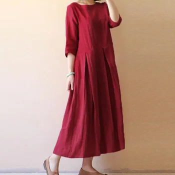 Pamuka i lana Vruće ljetno haljina 2022 godine Elegantnu crvenu haljinu kratkih rukava za žene s visokim strukom Slobodno Boho Maxi Haljina