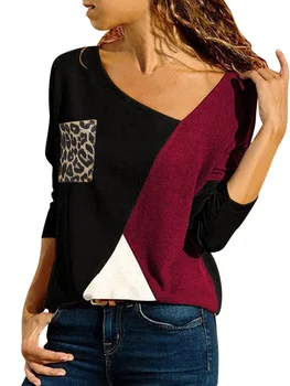 Majice s dugim rukavima za žene s nepravilnim ogrlicom u Boji plug-in majica sa izvezenim s леопардовым džep Trendy ženske bluze 2021 Y2k Top