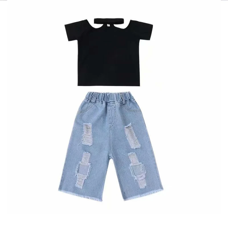 Novi komplet za dječju odjeću za djevojke Ljetne majice za djevojčice t-Shirt + traper kratke hlače 2 kom. Kompleti odjeće za djevojčice, Dječje Berba poderane traperice 2-6 Slika  2
