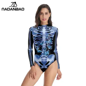 NADANBAO 2020 Halloween s po cijeloj površini kostura Plivanje Ronjenje Jednodijelni kupaći kostim sa dugim rukavima Ženski kupaći kostimi Kupaći kostim za Kupanje i surfanje