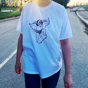 Smiješno Skateboard Anđeo Print Ulični Stil Muškarci i Žene, Pamuk Bijele Majice Okrugli Izrez kratkih Rukava Gotički Vrhovima Ljetna Vanjska odjeća