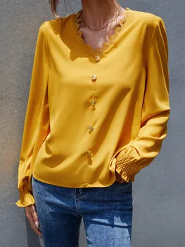 Žute majice s V-izrez Proljeće 2022 Trendy ženske cipele s rukava-leptir Pluća svakodnevne bluze čvrste ženske košulje, Majice na zakopčane