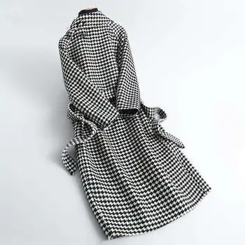 SLLSKY Crno bijelo checkered donje vune kaput 2021 Jesen moda s odbačenost ovratnik Donje kaput Двубортное donje duge jakne