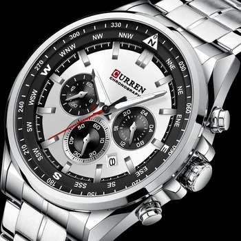 2021 CURREN Luksuzne marke satova za muškarce Svakodnevne Sportski ručni Kvarcni sat s remenom od nehrđajućeg čelika Kronograf Gospodo srebro