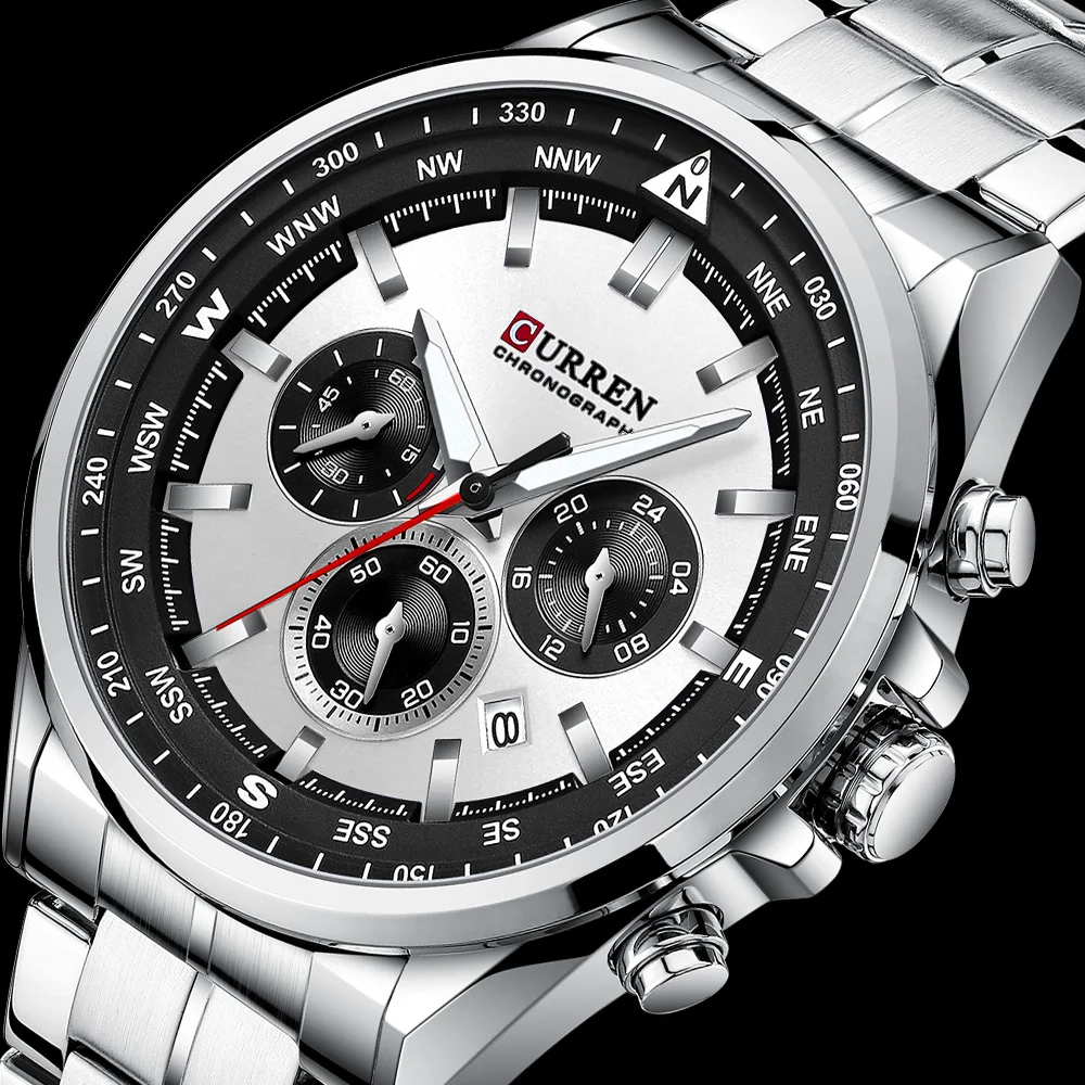 2021 CURREN Luksuzne marke satova za muškarce Svakodnevne Sportski ručni Kvarcni sat s remenom od nehrđajućeg čelika Kronograf Gospodo srebro Slika  0