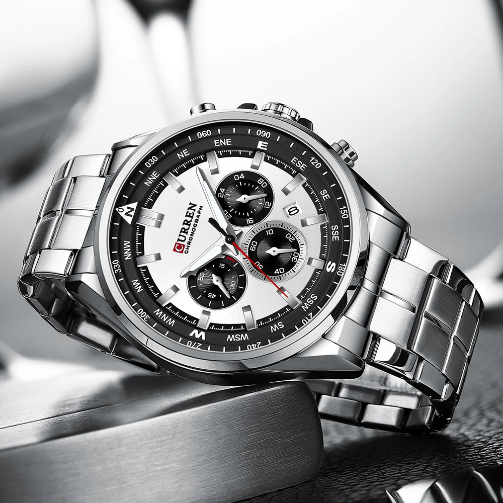 2021 CURREN Luksuzne marke satova za muškarce Svakodnevne Sportski ručni Kvarcni sat s remenom od nehrđajućeg čelika Kronograf Gospodo srebro Slika  3